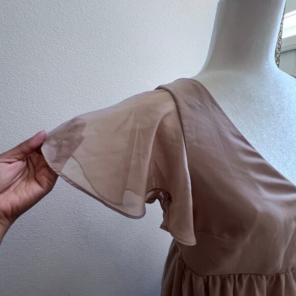 Birdy Grey Hannah Maxi Ruffle Sleeve Dress M in Crepe Taupe Bridesmaid Wedding - Picture 3 of 8